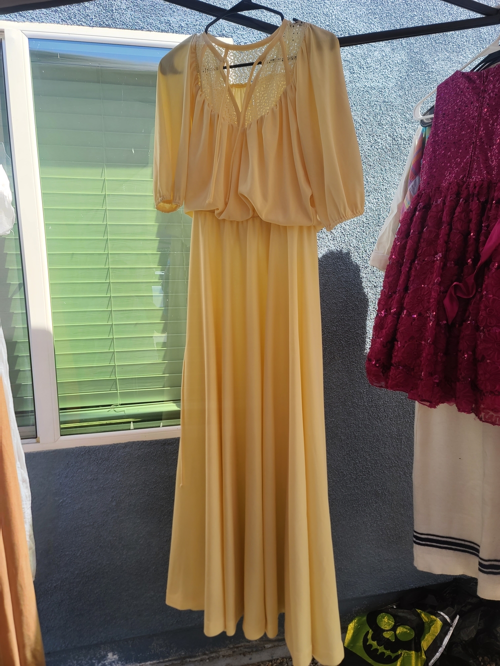 Vintage Elegant Yellow Maxi Dress with Sheer Overlay